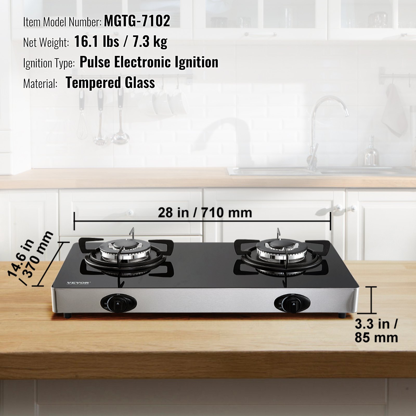 VEVOR 28-inch Gas Cooktop, 2 Burners Gas Stove Top, Max 10100BTU Tempered Glass Countertop Natural Gas Hob, with Pulse Electronic Ignition for Camping, RV, Outdoor Kitchen, Small Apartment