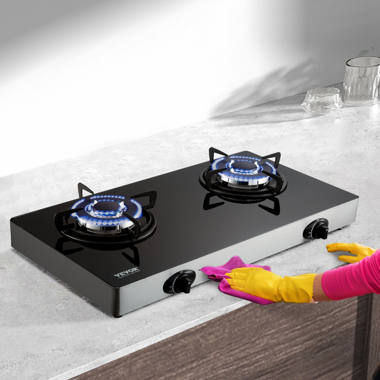 VEVOR 28-inch Gas Cooktop, 2 Burners Gas Stove Top, Max 10100BTU Tempered Glass Countertop Natural Gas Hob, with Pulse Electronic Ignition for Camping, RV, Outdoor Kitchen, Small Apartment