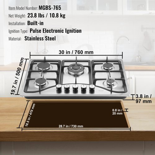 VEVOR Gas Cooktop 30 inch, Max 12250BTU Burners Built-in