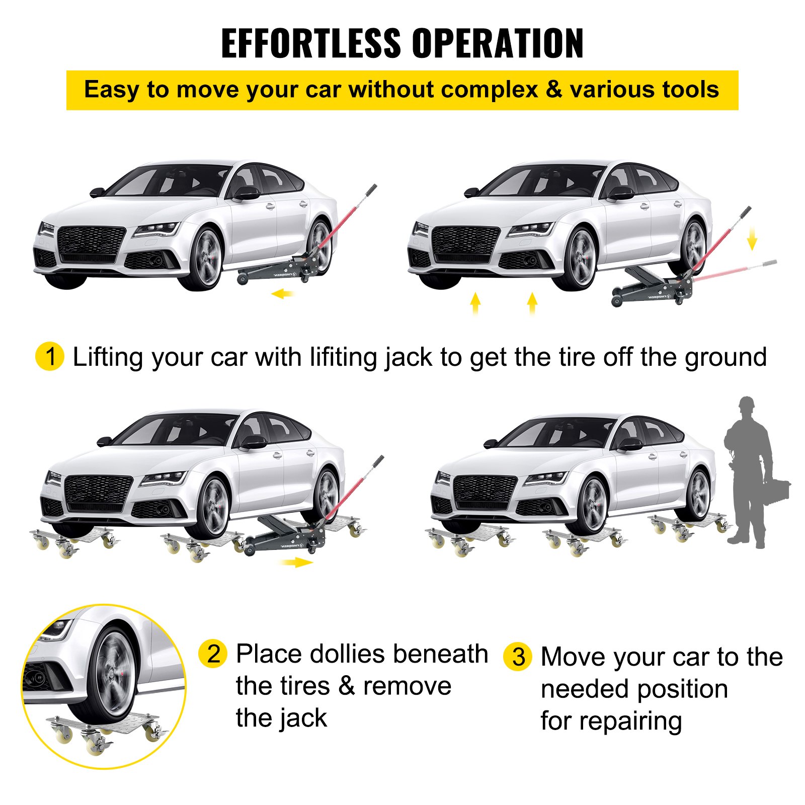 VEVOR 2Pcs Tire Wheel Dollies, 1500Lbs/680KG Tire Skates Wheel Car Van Positioning Dolly Trolley Ball Bearings Recovery Jack Auto Repair Moving