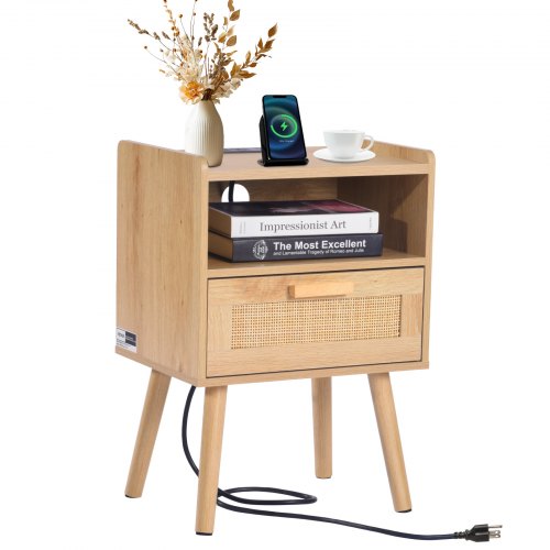 VEVOR Rattan Nightstand - Stylish Boho Bedside Table with Drawer and Open Shelf. Crafted with Solid Wood Legs and Rattan, This Wooden Nightstand with a Charging Station is Ideal for Bedroom