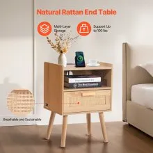 VEVOR Rattan Nightstand - Stylish Boho Bedside Table with Drawer and Open Shelf. Crafted with Solid Wood Legs and Rattan, This Wooden Nightstand with a Charging Station is Ideal for Bedroom