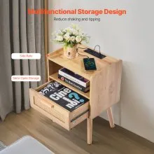 VEVOR Rattan Nightstand - Stylish Boho Bedside Table with Drawer and Open Shelf. Crafted with Solid Wood Legs and Rattan, This Wooden Nightstand with a Charging Station is Ideal for Bedroom