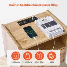VEVOR Rattan Nightstand - Stylish Boho Bedside Table with Drawer and Open Shelf. Crafted with Solid Wood Legs and Rattan, This Wooden Nightstand with a Charging Station is Ideal for Bedroom
