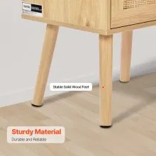 VEVOR Rattan Nightstand - Stylish Boho Bedside Table with Drawer and Open Shelf. Crafted with Solid Wood Legs and Rattan, This Wooden Nightstand with a Charging Station is Ideal for Bedroom