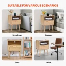 VEVOR Rattan Nightstand - Stylish Boho Bedside Table with Drawer and Open Shelf. Crafted with Solid Wood Legs and Rattan, This Wooden Nightstand with a Charging Station is Ideal for Bedroom