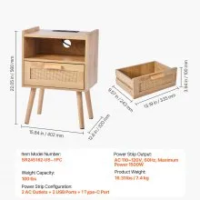 VEVOR Rattan Nightstand - Stylish Boho Bedside Table with Drawer and Open Shelf. Crafted with Solid Wood Legs and Rattan, This Wooden Nightstand with a Charging Station is Ideal for Bedroom