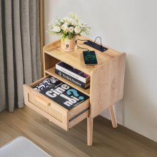 Rattan Nightstand End Table with Drawer Open Shelf Boho Bedside Table