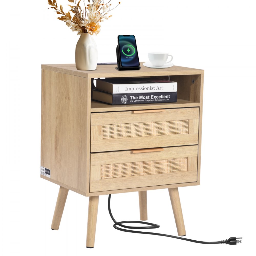 Rattan Nightstand End Table with Open Shelf 2 Drawers Boho Bedside Table