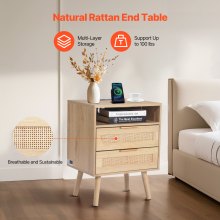 VEVOR Rattan Nightstand End Table with Open Shelf 2 Drawers Boho Bedside Table