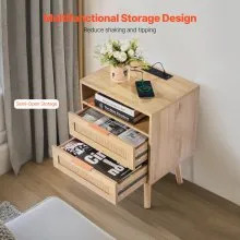VEVOR Rattan Nightstand, Boho Bedside Table with Drawer Open Shelf, Rattan End Table Wooden Nightstand with Solid Wood Legs, Rattan Side Table with Charging Station, for Bedroom, Study & Living Room
