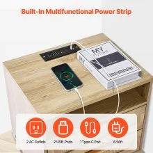 VEVOR Rattan Nightstand, Boho Bedside Table with Drawer Open Shelf, Rattan End Table Wooden Nightstand with Solid Wood Legs, Rattan Side Table with Charging Station, for Bedroom, Study & Living Room