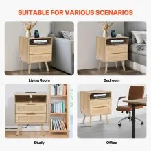 VEVOR Rattan Nightstand, Boho Bedside Table with Drawer Open Shelf, Rattan End Table Wooden Nightstand with Solid Wood Legs, Rattan Side Table with Charging Station, for Bedroom, Study & Living Room