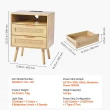 VEVOR Rattan Nightstand, Boho Bedside Table with Drawer Open Shelf, Rattan End Table Wooden Nightstand with Solid Wood Legs, Rattan Side Table with Charging Station, for Bedroom, Study & Living Room