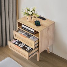 Rattan Nightstand End Table with Open Shelf 2 Drawers Boho Bedside Table