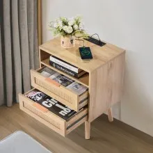 VEVOR Rattan Nightstand, Boho Bedside Table with Drawer Open Shelf, Rattan End Table Wooden Nightstand with Solid Wood Legs, Rattan Side Table with Charging Station, for Bedroom, Study & Living Room