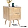VEVOR Rattan Nightstand, Boho Bedside Table with 2 Drawers, Rattan End Table Nightstand with Solid Wood Legs, Rattan Bedside Table with Charging Station, for Bedroom, Study & Living Room