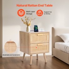 Vevor Rattan Nightstand End Table, Side Table with 2 Hand Made Rattan Decorated Drawers, Wood Accent Table with Storage for Bedroom, Natural