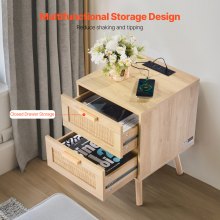 Vevor Rattan Nightstand End Table, Side Table with 2 Hand Made Rattan Decorated Drawers, Wood Accent Table with Storage for Bedroom, Natural