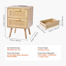 Vevor Rattan Nightstand End Table, Side Table with 2 Hand Made Rattan Decorated Drawers, Wood Accent Table with Storage for Bedroom, Natural