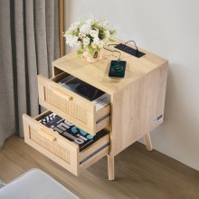 Vevor Rattan Nightstand End Table, Side Table with 2 Hand Made Rattan Decorated Drawers, Wood Accent Table with Storage for Bedroom, Natural