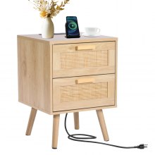 Vevor Rattan Nightstand End Table, Side Table with 2 Hand Made Rattan Decorated Drawers, Wood Accent Table with Storage for Bedroom, Natural