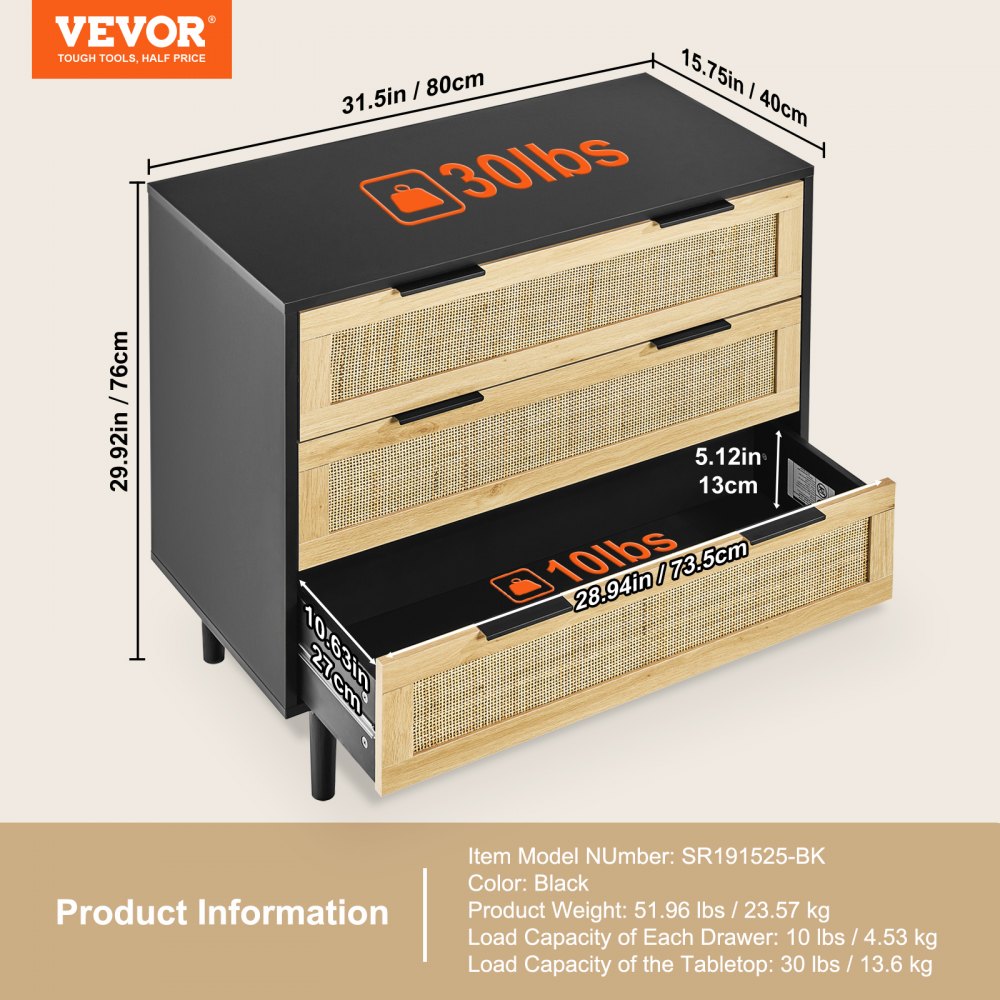 VEVOR 3 Drawer Rattan Dresser, Natural Rattan Closet Dresser with 3 Drawers, Modern Wood Chest Clothing Organizer & Storage Boho Dresser with Sturdy Handles & Legs, for Bedroom, Living Room & Hallway