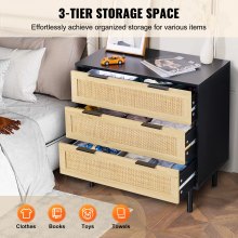 VEVOR 3 Drawer Rattan Dresser, Boho Dresser, Rattan Chest of Drawers with Spacious Storage, Natural Rattan Dresser for Bedroom, Living Room & Hallway,Rattan Nightstand with Sturdy Handles&Legs, Black