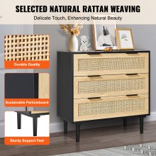 VEVOR 3 Drawer Rattan Dresser, Boho Dresser, Rattan Chest of Drawers with Spacious Storage, Natural Rattan Dresser for Bedroom, Living Room & Hallway,Rattan Nightstand with Sturdy Handles&Legs, Black