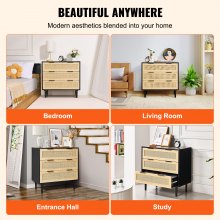 VEVOR 3 Drawer Rattan Dresser, Boho Dresser, Rattan Chest of Drawers with Spacious Storage, Natural Rattan Dresser for Bedroom, Living Room & Hallway,Rattan Nightstand with Sturdy Handles&Legs, Black