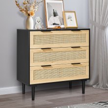 VEVOR 3 Drawer Rattan Dresser, Boho Dresser, Rattan Chest of Drawers with Spacious Storage, Natural Rattan Dresser for Bedroom, Living Room & Hallway,Rattan Nightstand with Sturdy Handles&Legs, Black