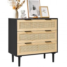 VEVOR 3 Drawer Rattan Dresser, Boho Dresser, Rattan Chest of Drawers with Spacious Storage, Natural Rattan Dresser for Bedroom, Living Room & Hallway,Rattan Nightstand with Sturdy Handles&Legs, Black