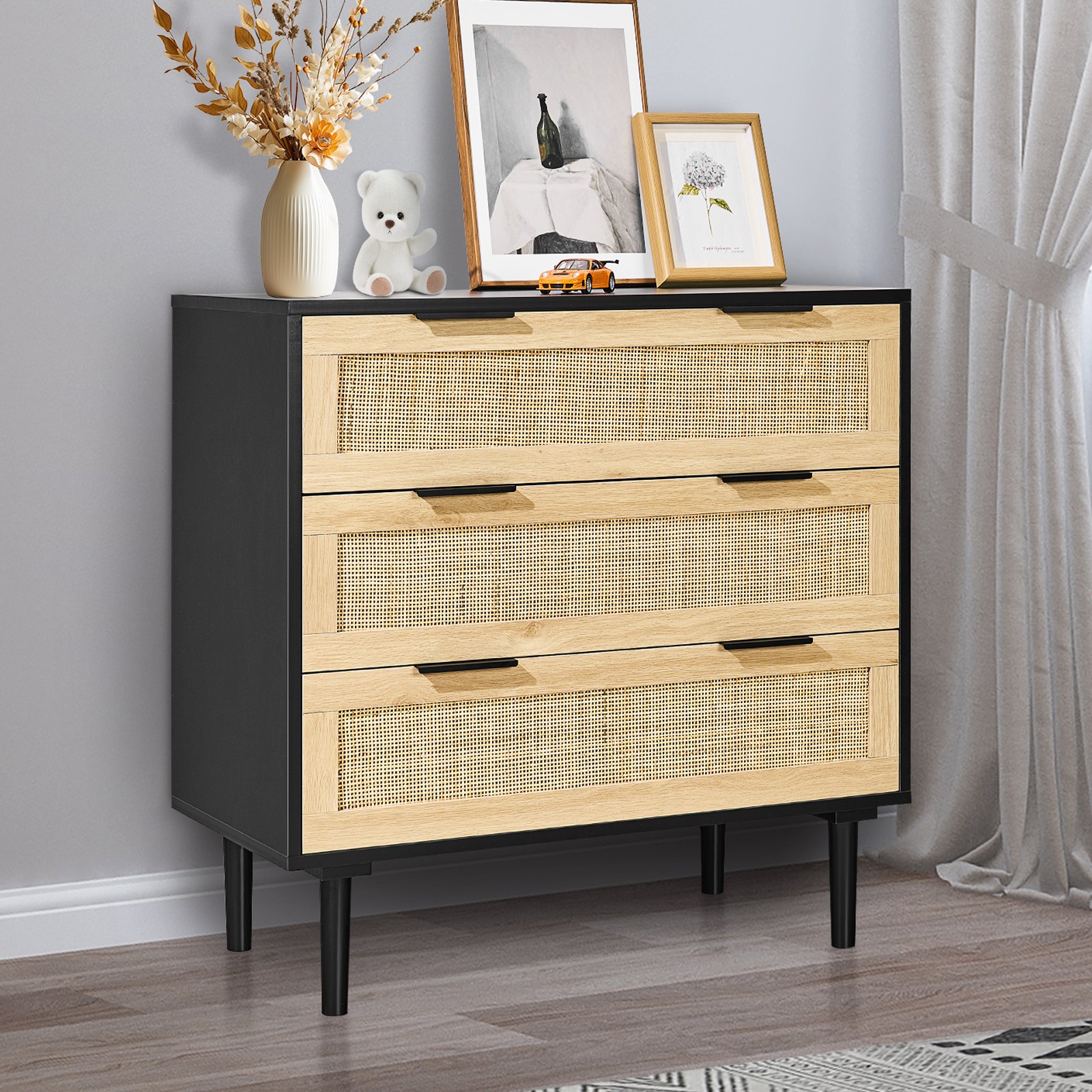 VEVOR 3 Drawer Rattan Dresser, Natural Rattan Closet Dresser with 3 Drawers, Modern Wood Chest Clothing Organizer & Storage Boho Dresser with Sturdy Handles & Legs, for Bedroom, Living Room & Hallway