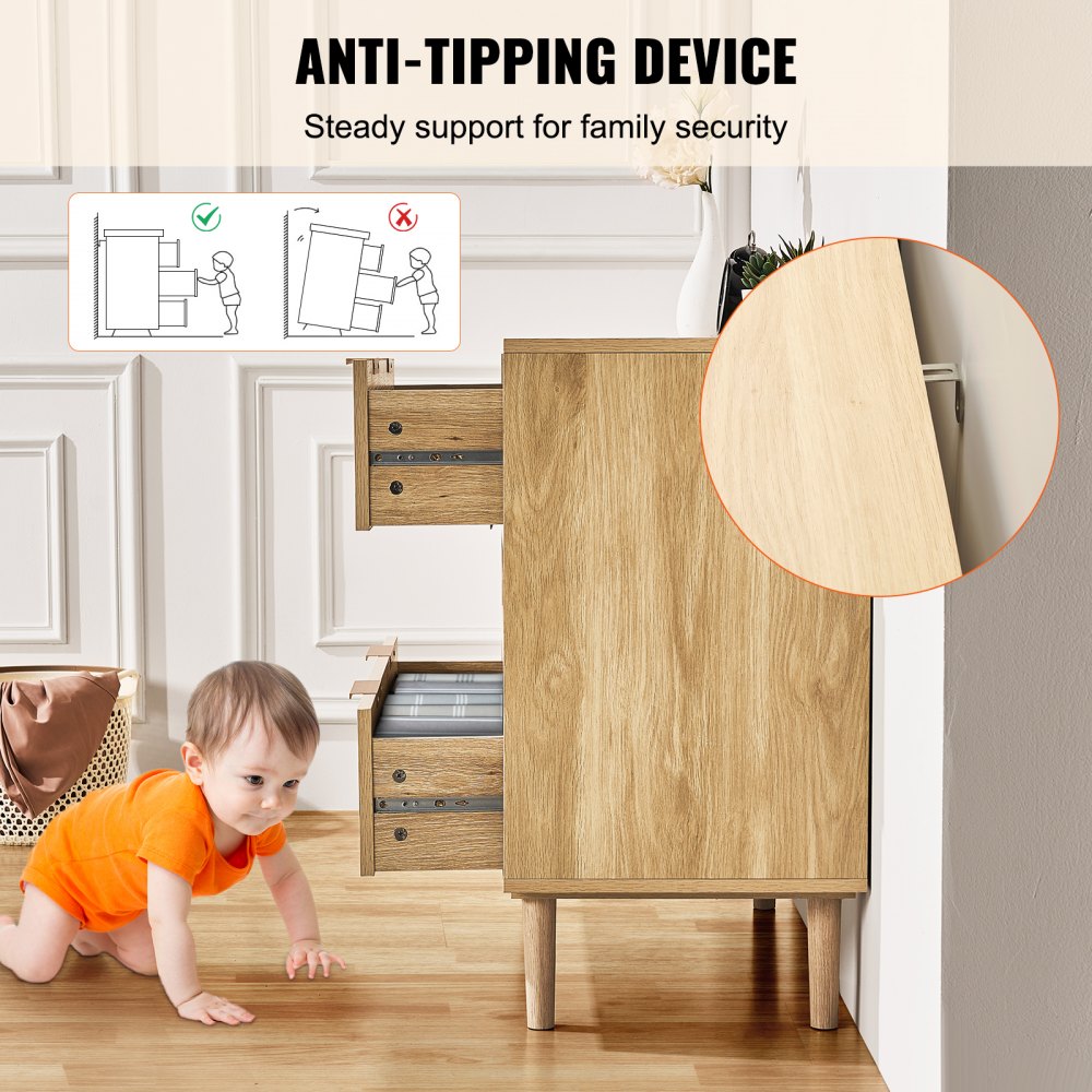 VEVOR 3 Drawer Rattan Dresser, Natural Rattan Closet Dresser with 3 Drawers, Modern Wood Chest Clothing Organizer & Storage Boho Dresser with Sturdy Handles & Legs, for Bedroom, Living Room & Hallway