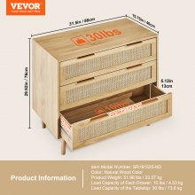 VEVOR 3 Drawer Rattan Dresser, Boho Dresser, Rattan Chest of Drawers with Spacious Storage, Natural Rattan Dresser for Bedroom, Living Room & Hallway,Rattan Nightstand with Sturdy Handles&Legs, Natural Wood