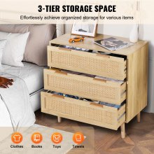 VEVOR 3 Drawer Rattan Dresser, Boho Dresser, Rattan Chest of Drawers with Spacious Storage, Natural Rattan Dresser for Bedroom, Living Room & Hallway,Rattan Nightstand with Sturdy Handles&Legs, Natural Wood