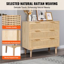 VEVOR 3 Drawer Rattan Dresser, Boho Dresser, Rattan Chest of Drawers with Spacious Storage, Natural Rattan Dresser for Bedroom, Living Room & Hallway,Rattan Nightstand with Sturdy Handles&Legs, Natural Wood