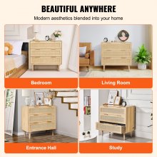 VEVOR 3 Drawer Rattan Dresser, Boho Dresser, Rattan Chest of Drawers with Spacious Storage, Natural Rattan Dresser for Bedroom, Living Room & Hallway,Rattan Nightstand with Sturdy Handles&Legs, Natural Wood