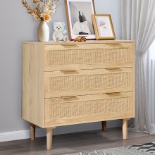 VEVOR 3 Drawer Rattan Dresser, Boho Dresser, Rattan Chest of Drawers with Spacious Storage, Natural Rattan Dresser for Bedroom, Living Room & Hallway,Rattan Nightstand with Sturdy Handles&Legs, Natural Wood