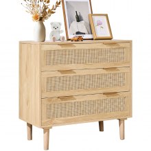 VEVOR 3 Drawer Rattan Dresser, Boho Dresser, Rattan Chest of Drawers with Spacious Storage, Natural Rattan Dresser for Bedroom, Living Room & Hallway,Rattan Nightstand with Sturdy Handles&Legs, Natural Wood