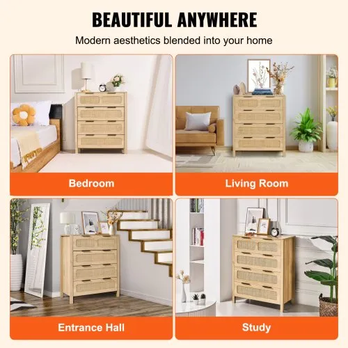 VEVOR 4 Drawer Rattan Dresser Boho Chest Of Drawers Natural Brown With Sturdy Handles And Legs For Bedroom Living Room Hallway VEVOR 4 Drawer Rattan Dresser Boho Chest Of Drawers Natural Brown With Sturdy Handles And Legs For Bedroom Living Room Hallway