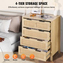 VEVOR 4 Drawer Rattan Dresser, Boho Dresser, Rattan Chest of Drawers with Spacious Storage, Natural Rattan Dresser for Bedroom, Living Room & Hallway,Rattan Nightstand with Sturdy Handles&Legs, Brown