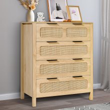 VEVOR 4 Drawer Rattan Dresser, Boho Dresser, Rattan Chest of Drawers with Spacious Storage, Natural Rattan Dresser for Bedroom, Living Room & Hallway,Rattan Nightstand with Sturdy Handles&Legs, Brown