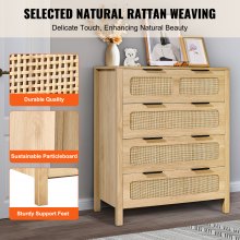 VEVOR 4 Drawer Rattan Dresser, Boho Dresser, Rattan Chest of Drawers with Spacious Storage, Natural Rattan Dresser for Bedroom, Living Room & Hallway,Rattan Nightstand with Sturdy Handles&Legs, Natural Wood