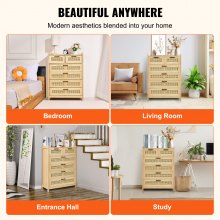 VEVOR 5 Drawer Rattan Dresser, Boho Dresser, Rattan Chest of Drawers with Spacious Storage, Natural Rattan Dresser for Bedroom, Living Room & Hallway,Rattan Nightstand with Sturdy Handles&Legs, Natural Wood