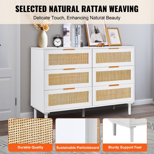 VEVOR 6 Drawer Rattan Dresser, Boho Dresser, Rattan Chest of Drawers with Spacious Storage, Natural Rattan Dresser for Bedroom, Living Room & Hallway, Rattan Nightstand with Sturdy Handles&Legs, White | VEVOR US VEVOR 6 Drawer Rattan Dresser, Boho Dresser, Rattan Chest of Drawers with Spacious Storage, Natural Rattan Dresser for Bedroom, Living Room & Hallway, Rattan Nightstand with Sturdy Handles&Legs, White | VEVOR US