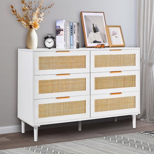 VEVOR 6 Drawer Rattan Dresser with Spacious Storage Natural Boho Chest of Drawers for Bedroom Living Room & Hallway White with Sturdy Handles and Legs VEVOR 6 Drawer Rattan Dresser with Spacious Storage Natural Boho Chest of Drawers for Bedroom Living Room & Hallway White with Sturdy Handles and Legs