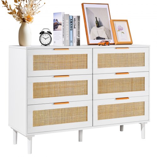 VEVOR 6 Drawer Rattan Dresser with Spacious Storage Natural Boho Chest of Drawers for Bedroom Living Room & Hallway White with Sturdy Handles and Legs VEVOR 6 Drawer Rattan Dresser with Spacious Storage Natural Boho Chest of Drawers for Bedroom Living Room & Hallway White with Sturdy Handles and Legs