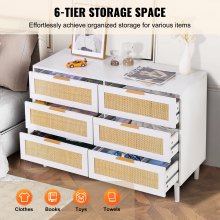 VEVOR 6 Drawer Rattan Dresser, Boho Dresser, Rattan Chest of Drawers with Spacious Storage, Natural Rattan Dresser for Bedroom, Living Room & Hallway,Rattan Nightstand with Sturdy Handles&Legs, White