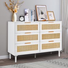 VEVOR 6 Drawer Rattan Dresser, Boho Dresser, Rattan Chest of Drawers with Spacious Storage, Natural Rattan Dresser for Bedroom, Living Room & Hallway,Rattan Nightstand with Sturdy Handles&Legs, White